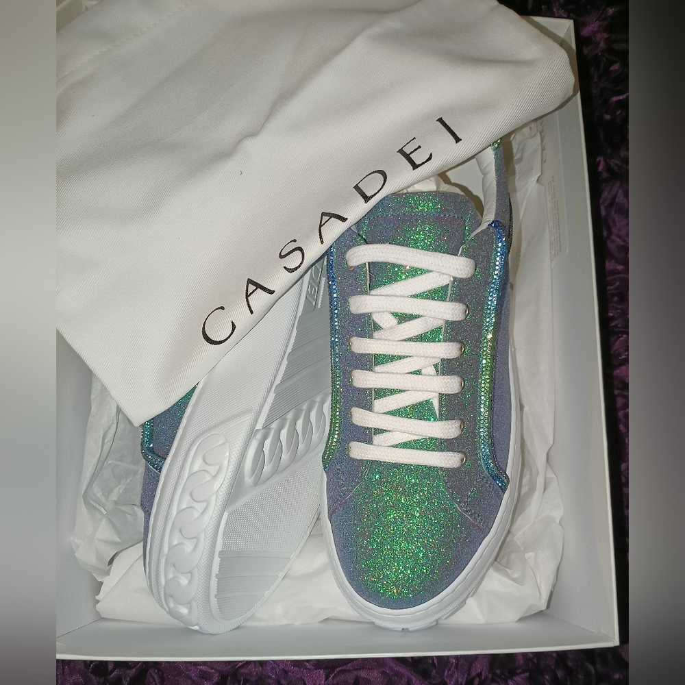 Casadei Shimmering Green and Blue Sneakers Size 8.5 NEW IN BOX